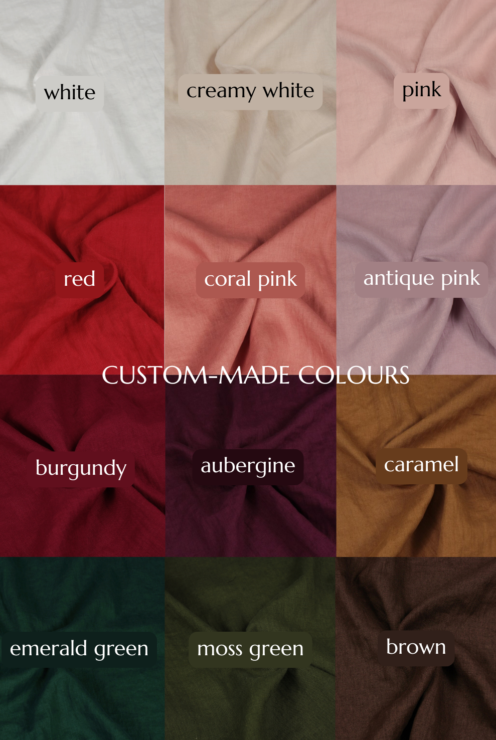 Linen colour swatches for the Ivy skirt: white, creamy white, pink, red, coral pink, antique pink, burgundy, aubergine, caramel, emerald green, moss green and brown