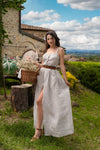 Long linen summer dress with grey stripe pattern and mother-of-pearl buttons. Embrace cottagecore style and enjoy "la dolce vita" with this fashionable piece.