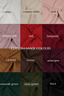 Fabric color swatches with labels for various colors including white, creamy white, pink, antique pink, red, burgundy, caramel, brown, aubergine, emerald green, moss green, and black.
