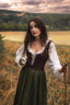 Three-quarter view of the Estella dark brown linen corset with front lacing styled over a white blouse 