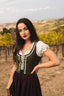 Front view of the Estella moss green linen corset with floral ribbon trim and adjustable front lacing