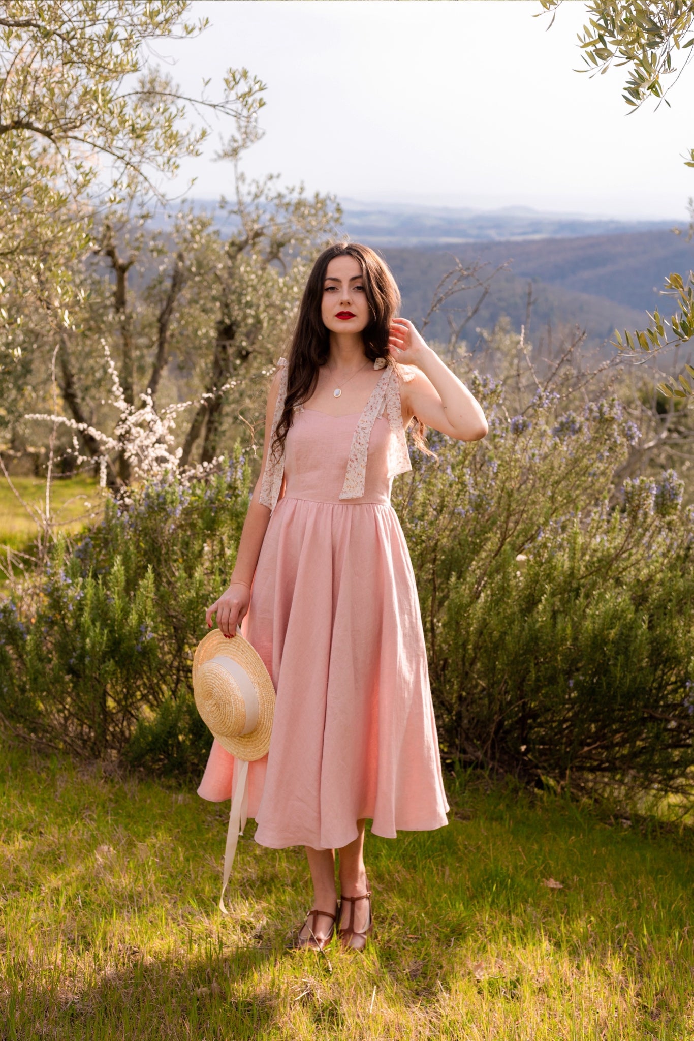 Light Pink Satin Long Dress With Beaded Lace Appliqué | 11002